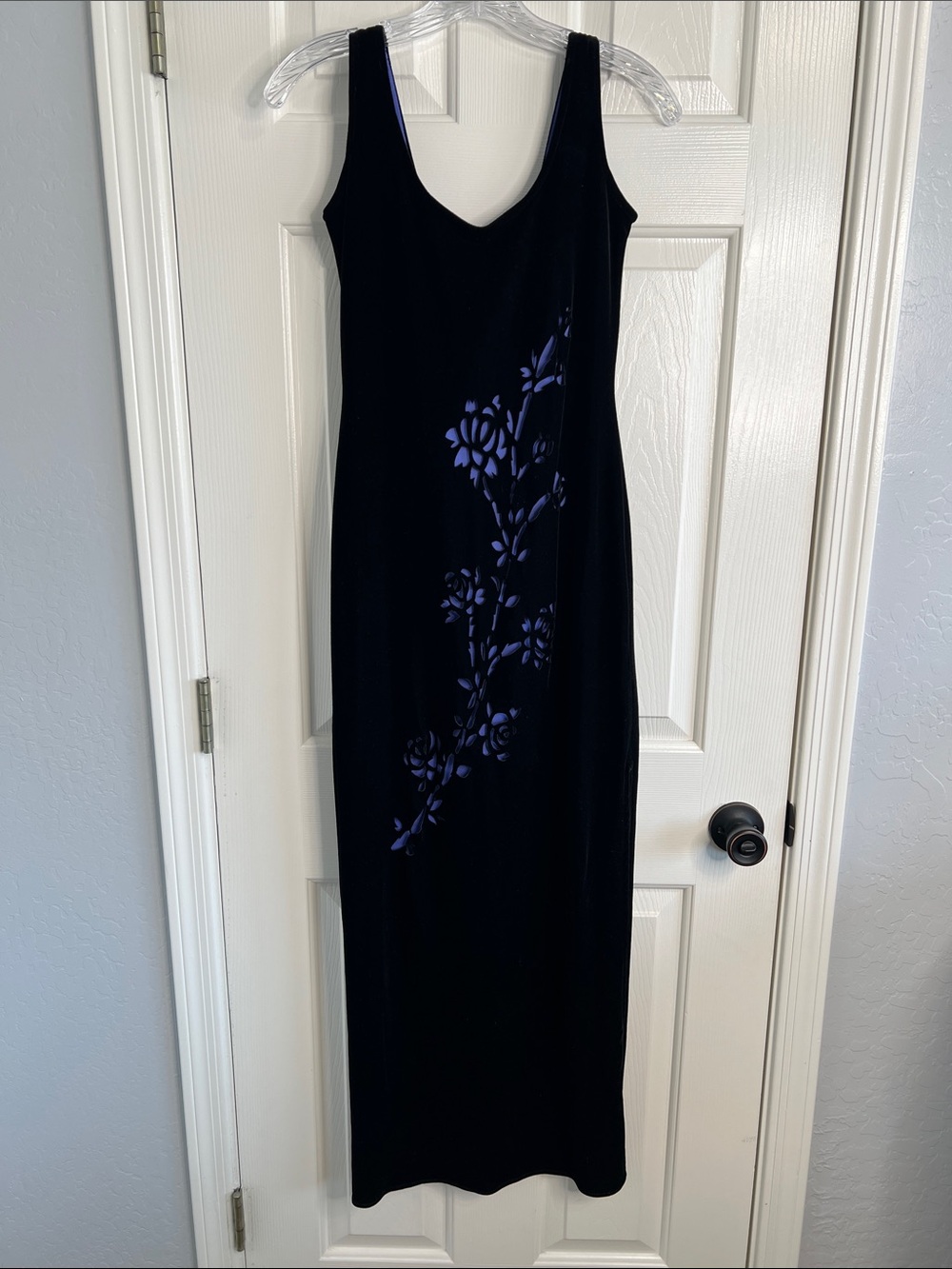 Black velvet maxi dress with blue floral laser cut peekaboo & slit fits S/M